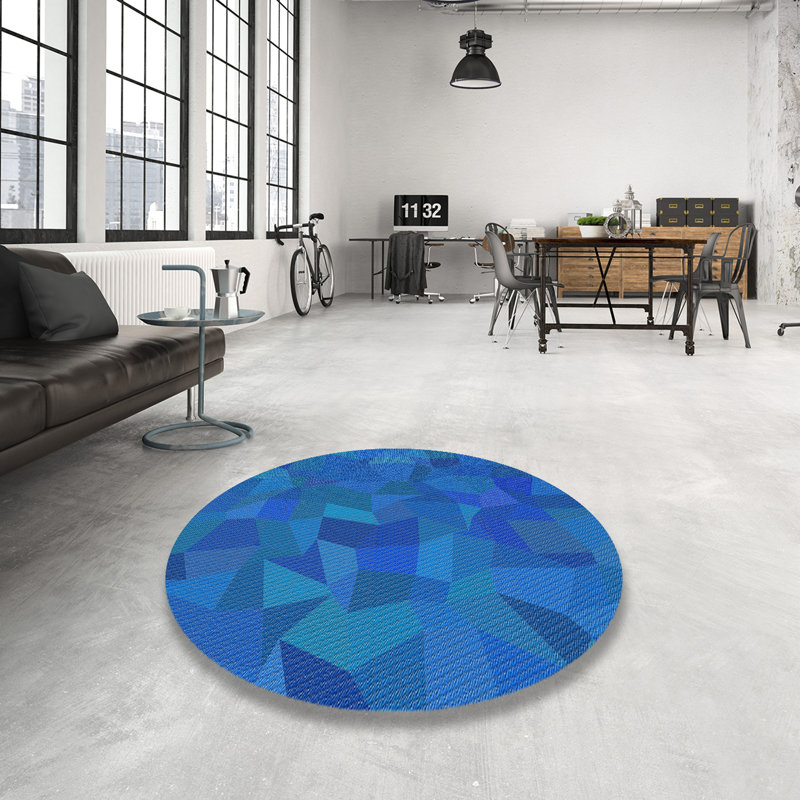 Tapis bleu/turquoise à motifs, Rond 3 pi