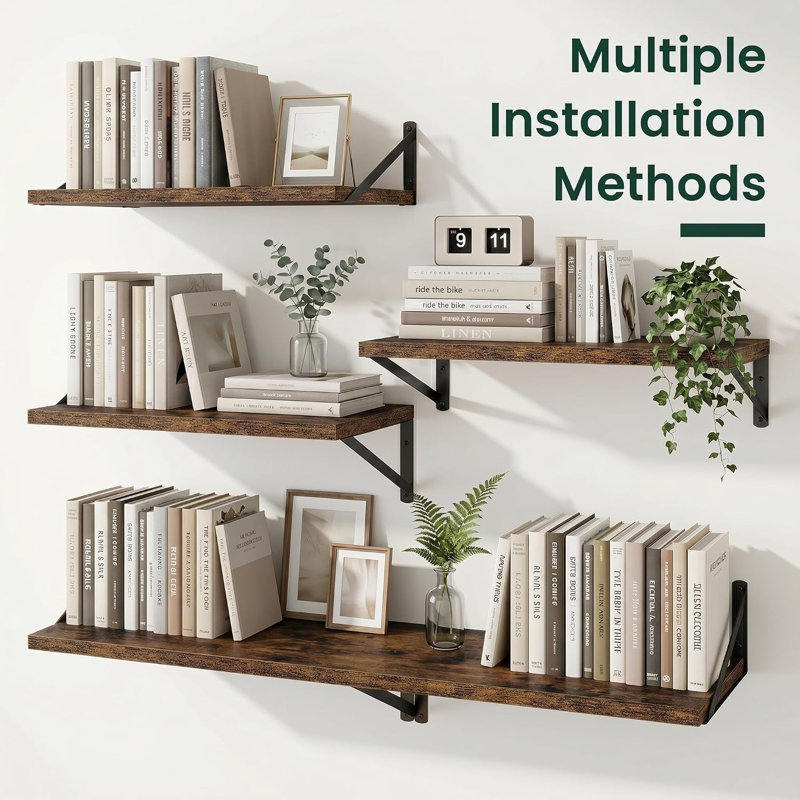 3 Piece Wood Floating Shelf, Rustic Brown