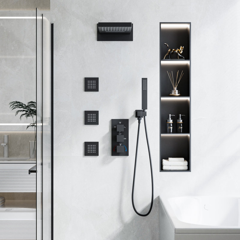 Système de douche thermostatique de luxe à 4 fonctions avec jets de pluie, cascade, portatifs et corporels - Certifié cUPC
