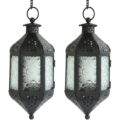 Hanging Moroccan Decorative Candle Lantern with Chain for Outdoor Patio or Porch (Set of 2)
