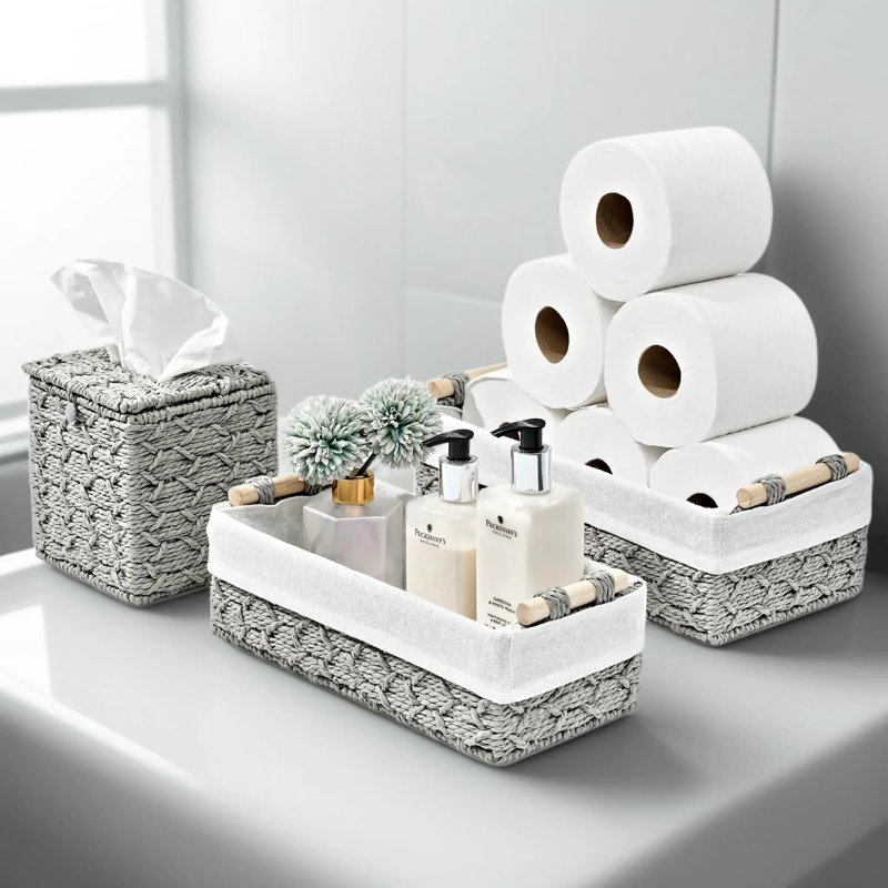 Paper Rope Bathroom Storage Set - Decorative Woven Lined Baskets And Tissue Box Holder For Organizing Towels, Toiletries, And Skincare On Shelves Or Toilet Tank