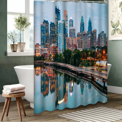 Rideau de douche City Skyline Night Bridge Skyscraper avec 12 crochets