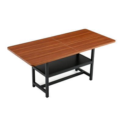 Table de salle à manger rectangulaire en panneau de fibres à densité moyenne 71 po avec panneau de table épissé en métal noir et tablette inférieure avec patins antidérapants pour tablette de cuisine familiale