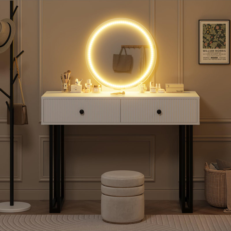 Bureau de coiffeuse avec miroir rond, éclairage réglable, 2 tiroirs, petite table de maquillage pour chambre à coucher et dortoir