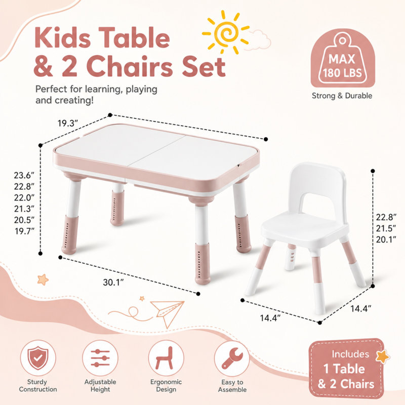 Ensemble de table pour enfants 5 en 1 et 2 chaises réglables en hauteur avec rangement, table d'activités pour tout-petits pour blocs de construction, dessin, lecture, repas, jeu de sable et d'eau
