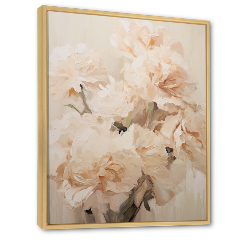 Arrangement d'œillets beige IV sur toile, Cadre naturel flottant, 20" H x 12" W