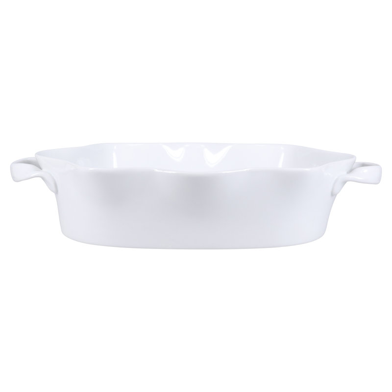 White Ceramic Wavy Oval Baker, 14.5 Inches