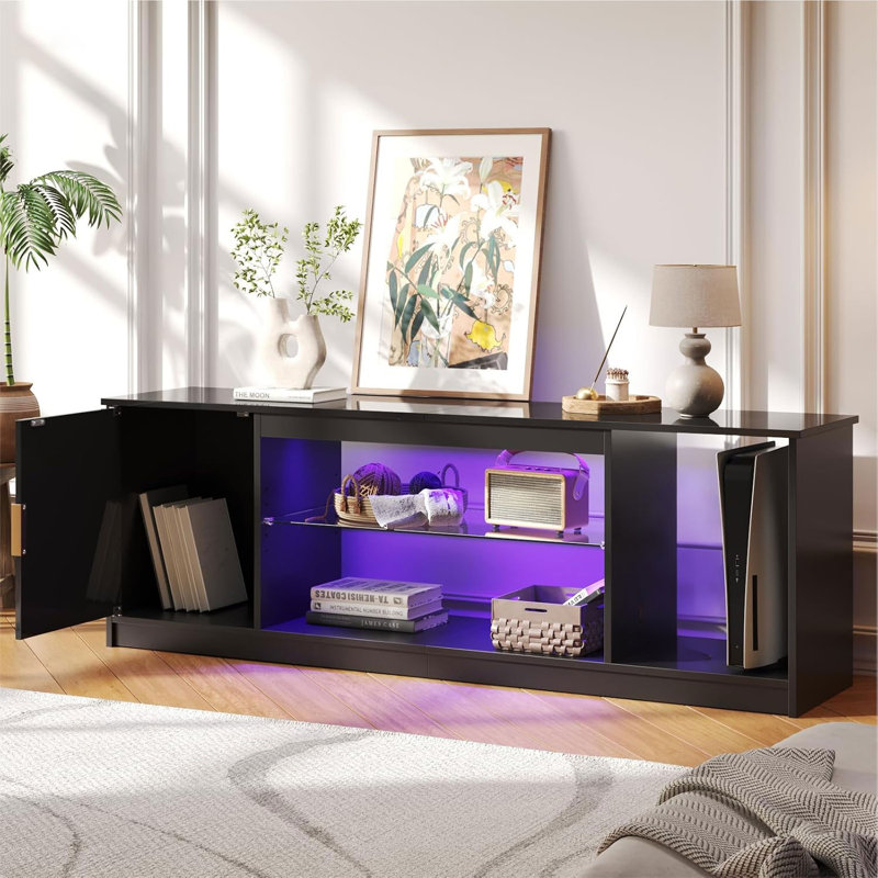 57" Modern Media Console with Adjustable shelf, LED Fluted TV Stand for 65 Inch TV, Glossy TV Console with Cabinet , Black