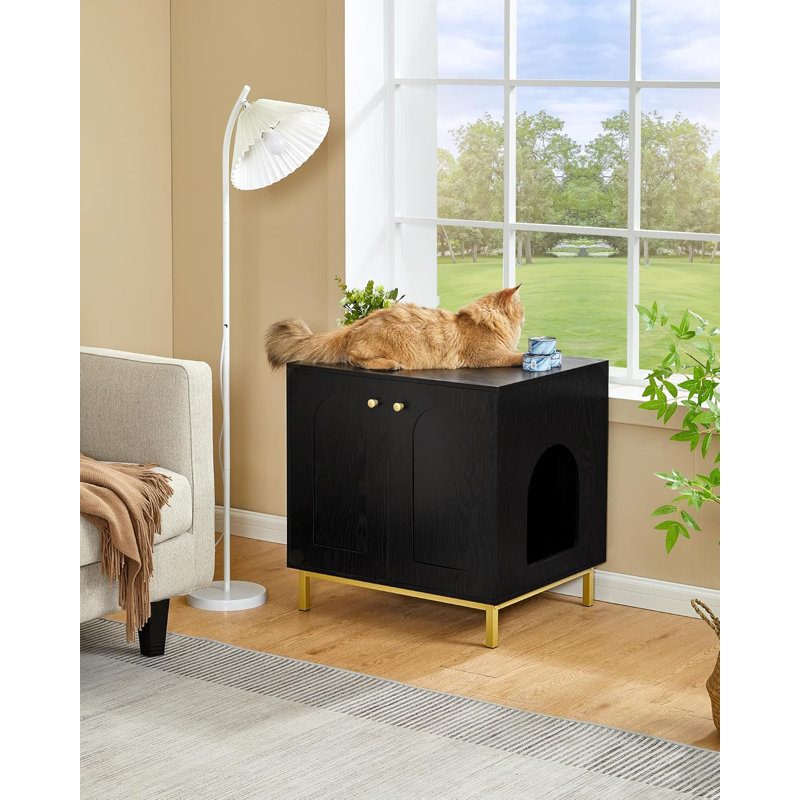 Black and Gold Wooden Cat Litter Box Enclosure with Metal Frame