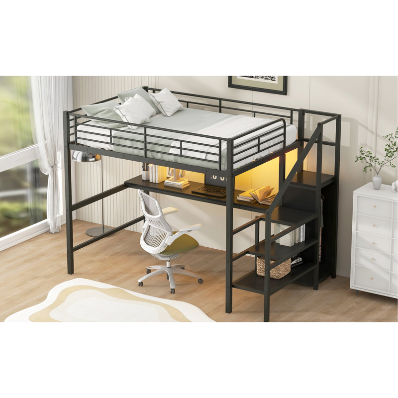 Lit mezzanine double en métal noir avec bureau, escalier de rangement, petite armoire et 7 couleurs à DEL, espace élégant de taille compacte, livré avec