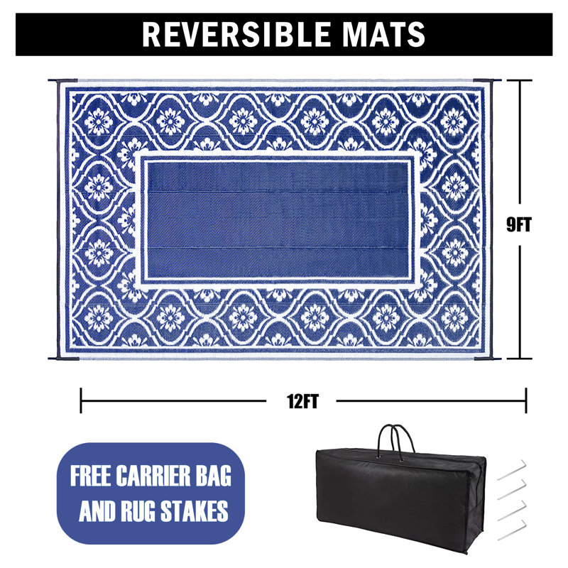 Tapis d'extérieur imperméable réversible Ellie, Bleu, Rectangulaire 8 pi x 10 pi