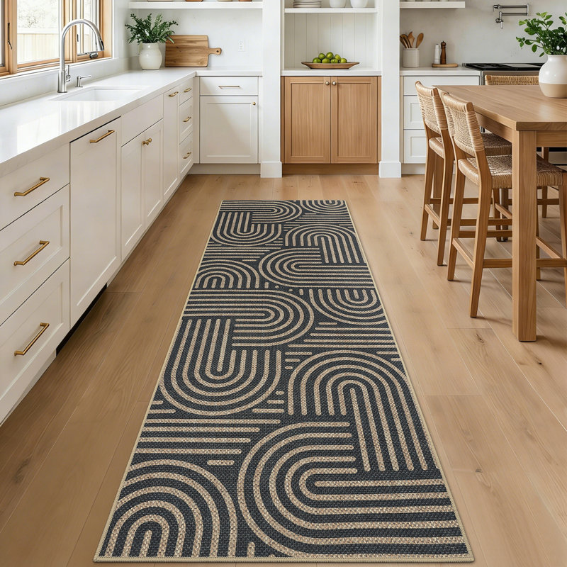 Tapis intérieur / extérieur à motif géométrique abstrait aspect jute, Noir, 2*6ft