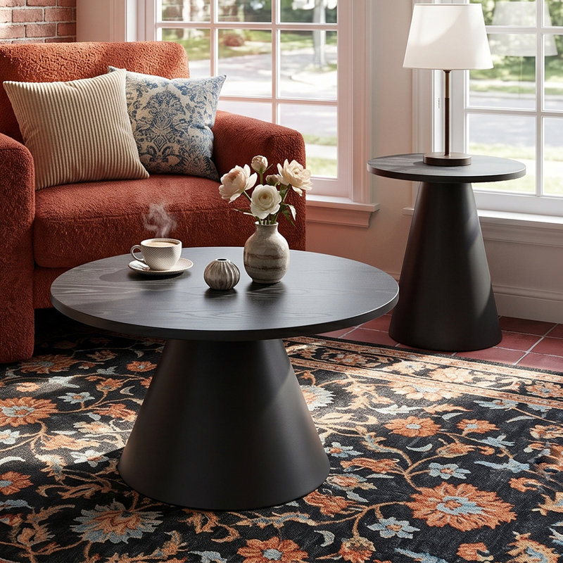 Ensemble de 2 tables basses rondes gigognes, tables d'appoint modernes entièrement noires avec plateau en grain de bois et piédestal en acier au carbone noir mat, patins réglables pour les petits espaces de bureau de salon