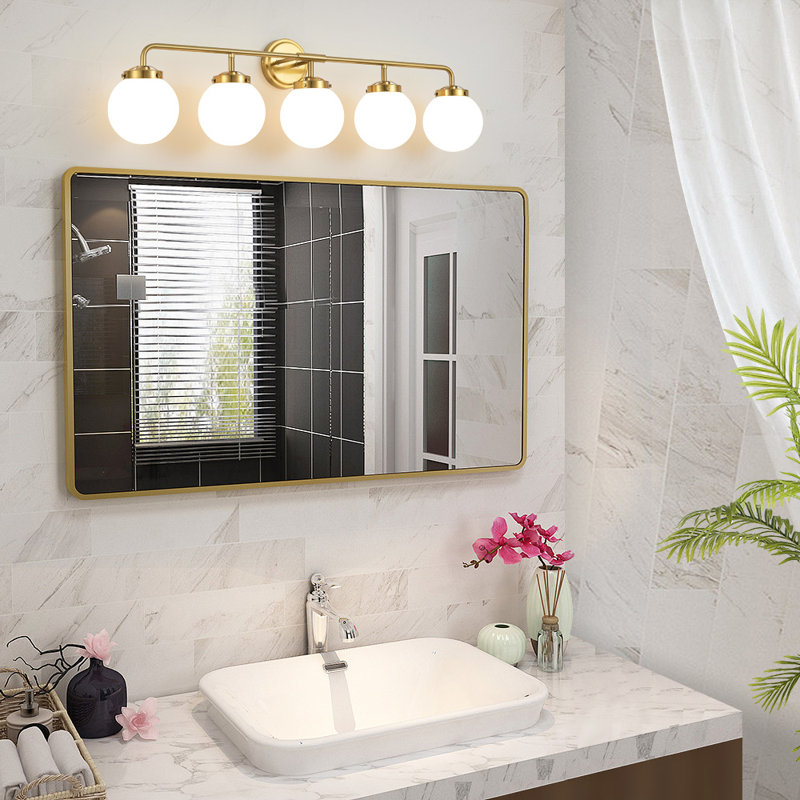 Gold 5-Light Dimmable Vanity Light with White Globe Shades