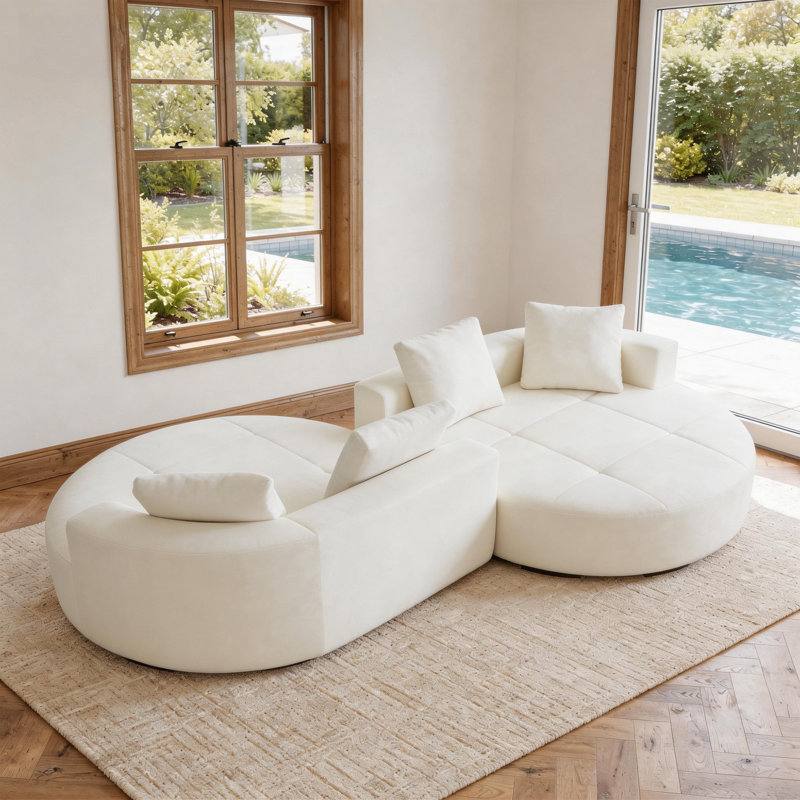 2-Piece Round Chenille Upholstered Cushioned Sofa Set, Beige