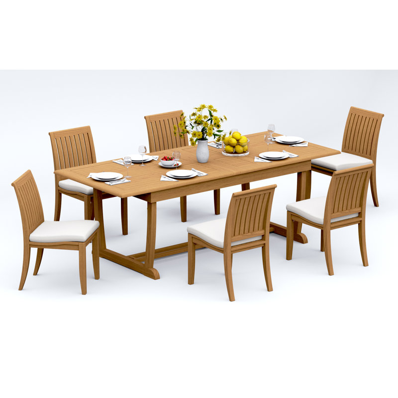 8 Seats 9 Pcs Grade-A Teak Wood Dining Set: 118" Double Extension Mas Rectangle Trestle Leg Table And 8 Lagos Armless Chairs #11LG2500