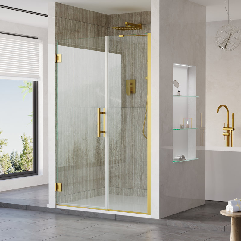 Porte de douche sans cadre à charnières avec paroi de douche fixe en verre trempé transparent SGCC de 9,5 mm (3/8 po), finition or brossé, dimensions : 119-122 cm (47-48 po) de largeur x 183 cm (72 po) de hauteur
