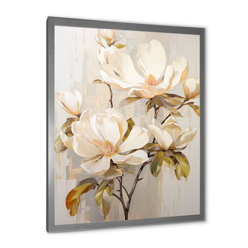 «Elegant Beige Magnolias Tranquility II», reproduction sur toile, Cadre simple argenté, H 20 po x l 12 po x P 1 po