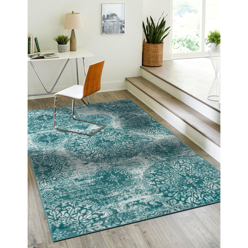 Tapis turquoise à motif damassé Coblitz, Rectangulaire 6 pi 1 po x 9 pi