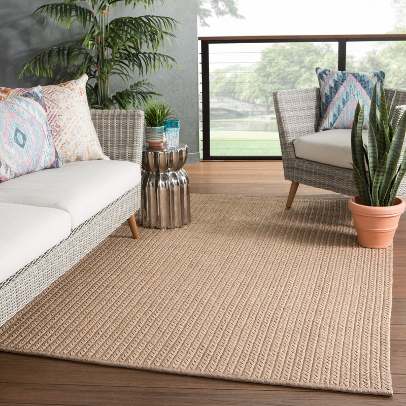 Tapis intérieur / extérieur brun clair tissé à la main Cullen, Rectangle 6 pi x 9 pi