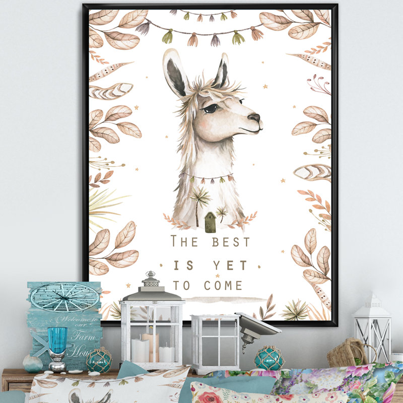 Mignon dessin de tête de lama pour enfants - décoration murale traditionnelle en toile, H 30 po x l 40 po x P 1,5 po