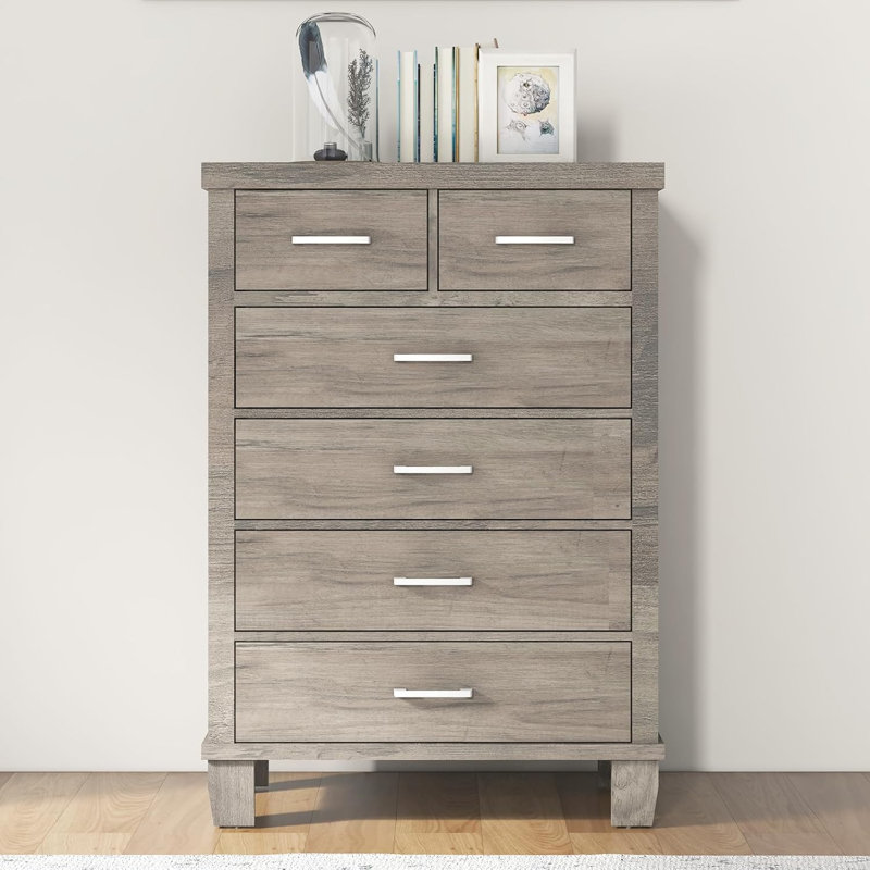 Grande commode à 6 tiroirs, commode de rangement moderne en bois gris pour l'organisation de la chambre à coucher