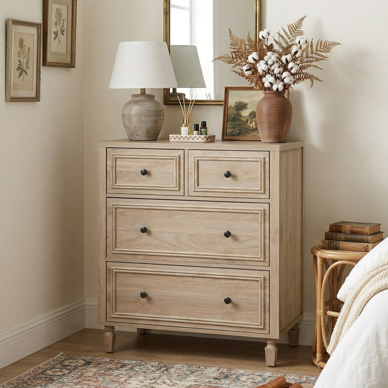 4 Drawers Retro Dresser Tall Storage Chest with Handles with for Bedroom and Living Room, Light Oak