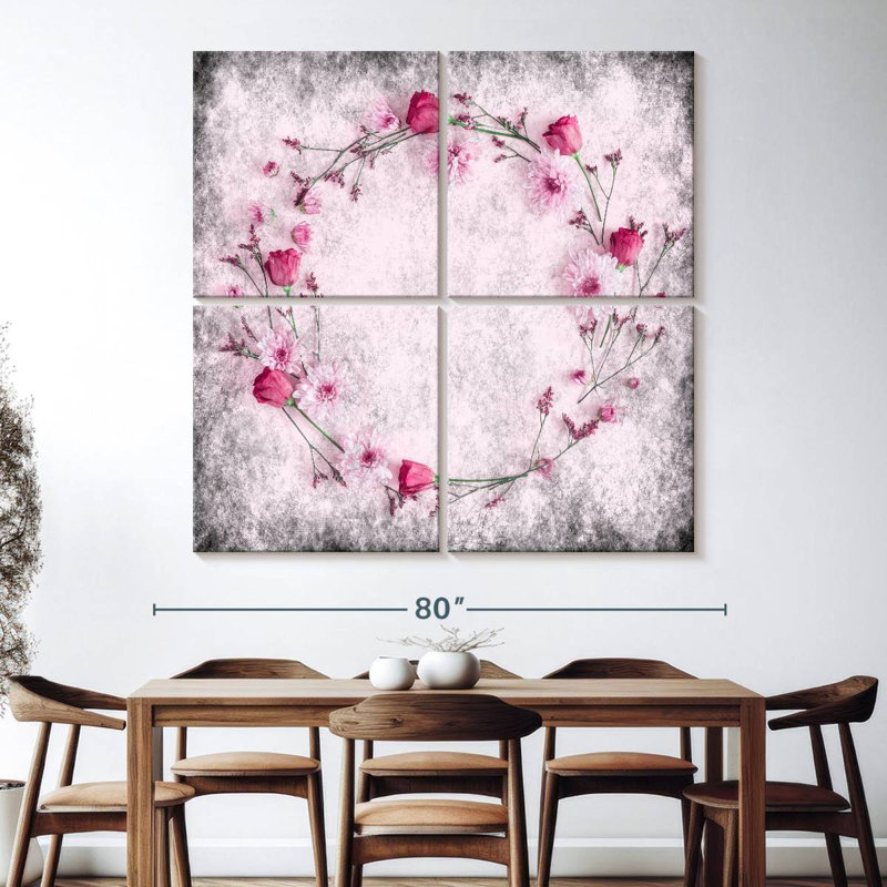 "Flower Pink Flower Wreath", ensemble de 4 reproductions sur toiles par Pink Sherbet, H 74 po x l 74 po x P 1,25 po