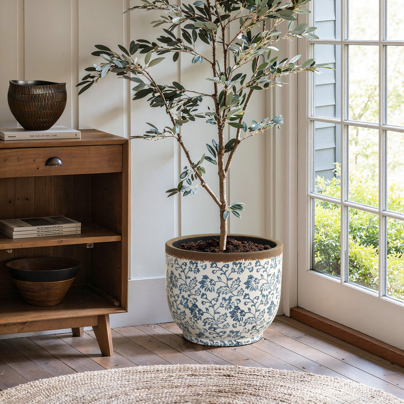 Pot à fleurs rond 15,6 "bleu et blanc à motif floral, grand pot en céramique avec drainage