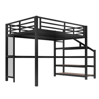Full Loft Bed with Desk, Storage Stairs, LED Lights, USB Ports, Metal Loft Bed Frame, Noise-Free, Black