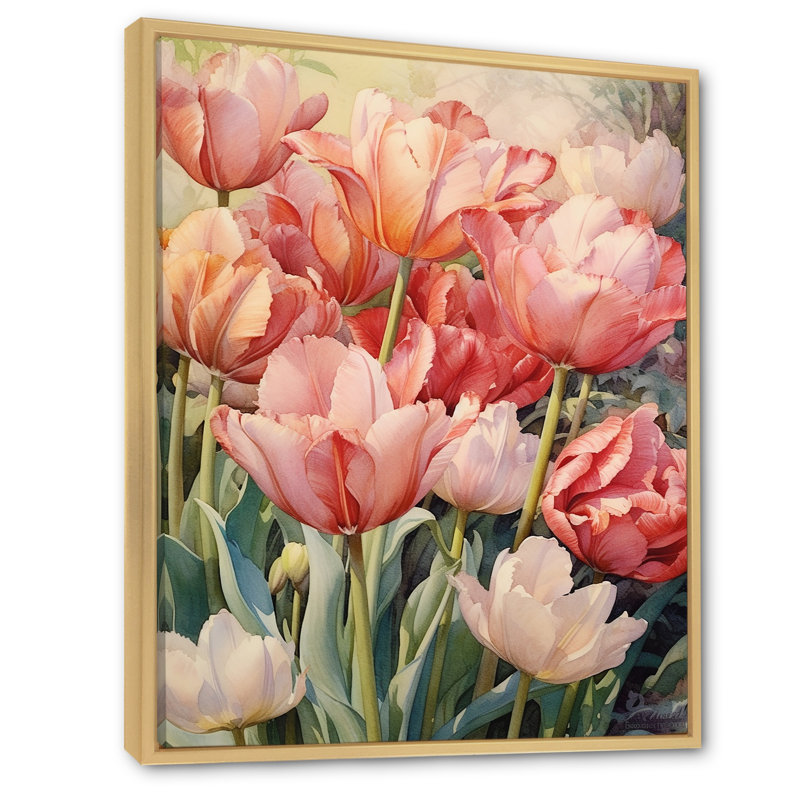 «Retro Blooming Retro Tulips Flowerfield» sur toile, H 32 po x l 16 po x P 1 po, Cadre naturel flottant