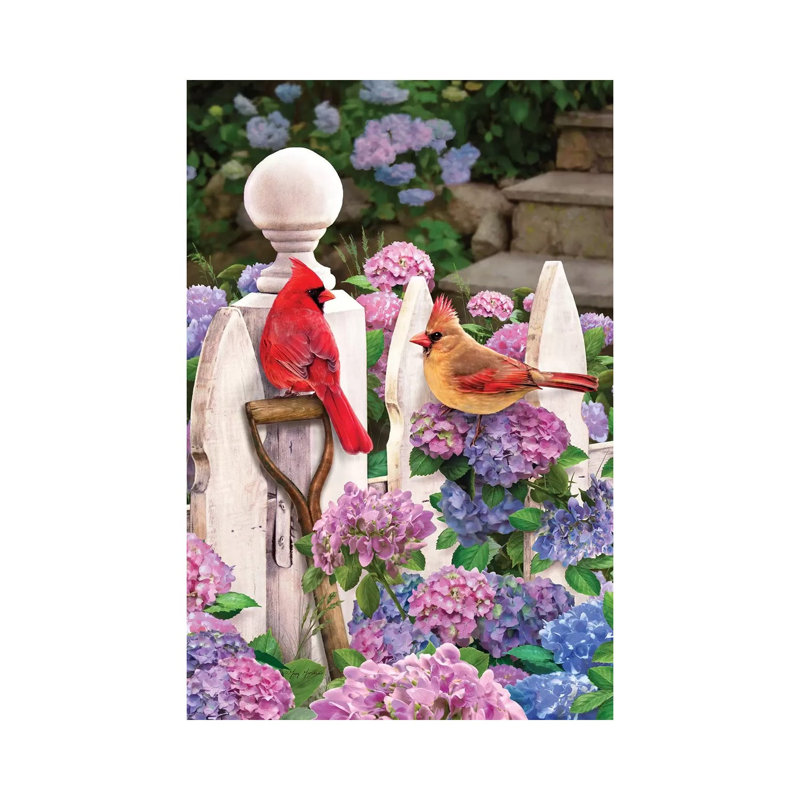 Cardinals On Fence W-Hydrangea - Print on Canvas, 66.04 cm H x 45.72 cm W x 1.91 cm D, Wrapped Canvas