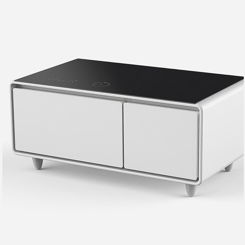 Table basse moderne avec réfrigérateur et congélateur intégrés, haut-parleur Bluetooth, chargement sans fil, panneau de commande tactile, ports USB, protection pour prise de courant, lumière d'ambiance, blanc