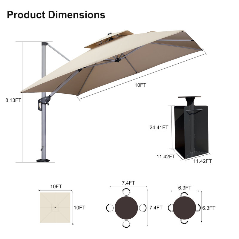 10' Square Cantilever Umbrella With Base In Ground, Beige