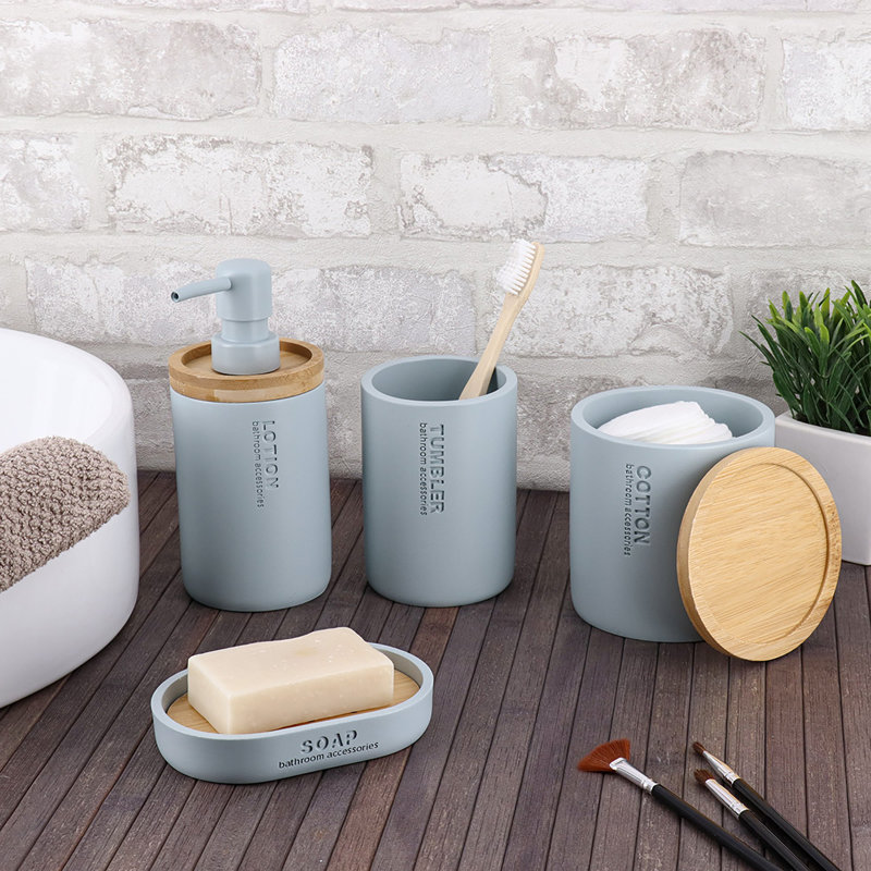 Bathroom Accessories with Natural Accents, Modern 6-piece Set, Light Blue