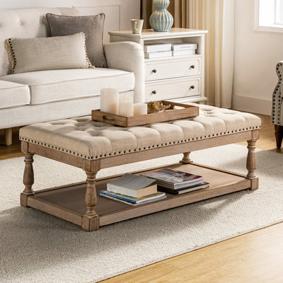 Repose-pieds rectangulaire avec plateau de rangement en bois massif touffeté l 47,5 po Clymer Farmhouse