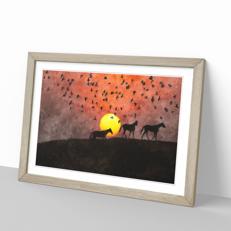 Birds and Horses at Sunset - Picture Frame Painting, Oak Framed, 48cm H x 65cm W x 2cm D
