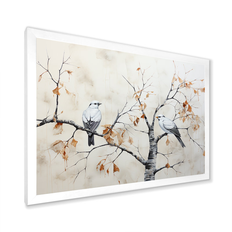 Arbre de bouleau avec oiseaux - Minimalisme, H 34 po x l 44 po x P 1,5 po, Cadre photo blanc