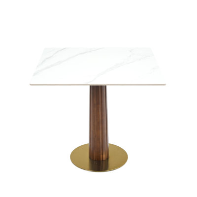 Modern Square Dining Table, 33.5" Sintered Stone Table With Wooden Leg & Gold Base, 2 - Person Kitchen Table For Small Space, 150Lbs Weight Capacity(Only The Negotiation Table)