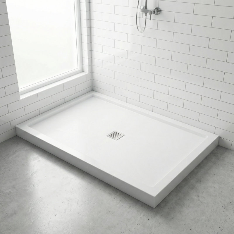Base de douche 48 po x 36 po en pierre de verre au fini blanc pur