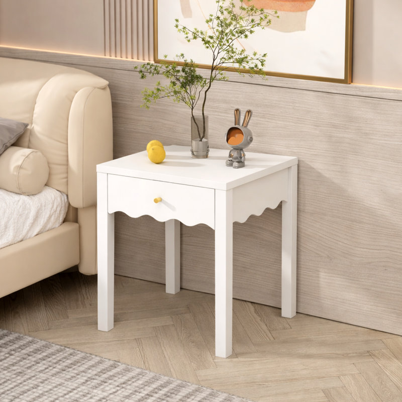 Table de chevet avec tiroir, table de chevet moderne avec tablier ondulé, table de bout compacte pour le salon de la chambre à coucher, petite table d'appoint avec rangement