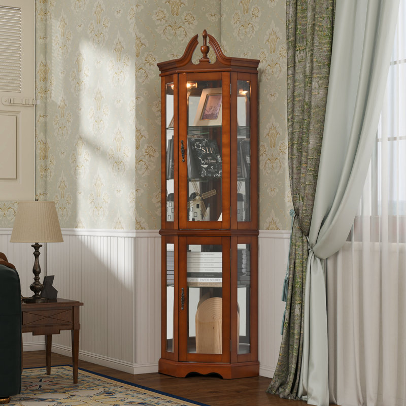Vitrine de coin en noyer foncé avec lumières, tablettes réglables en verre trempé, dos en miroir, vitrine (ampoule E26 non incluse)