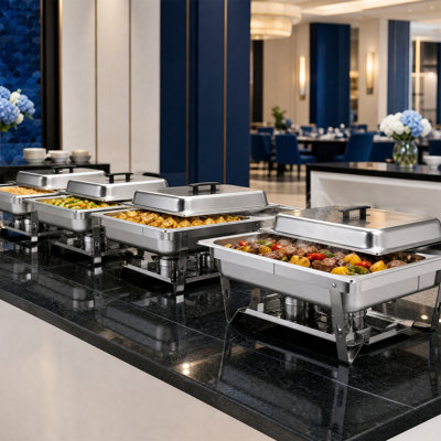4-Pack 9 QT Stainless Steel Chafing Dish, Large Buffet Warmer/Chiller, Foldable Frame, Dishwasher Safe