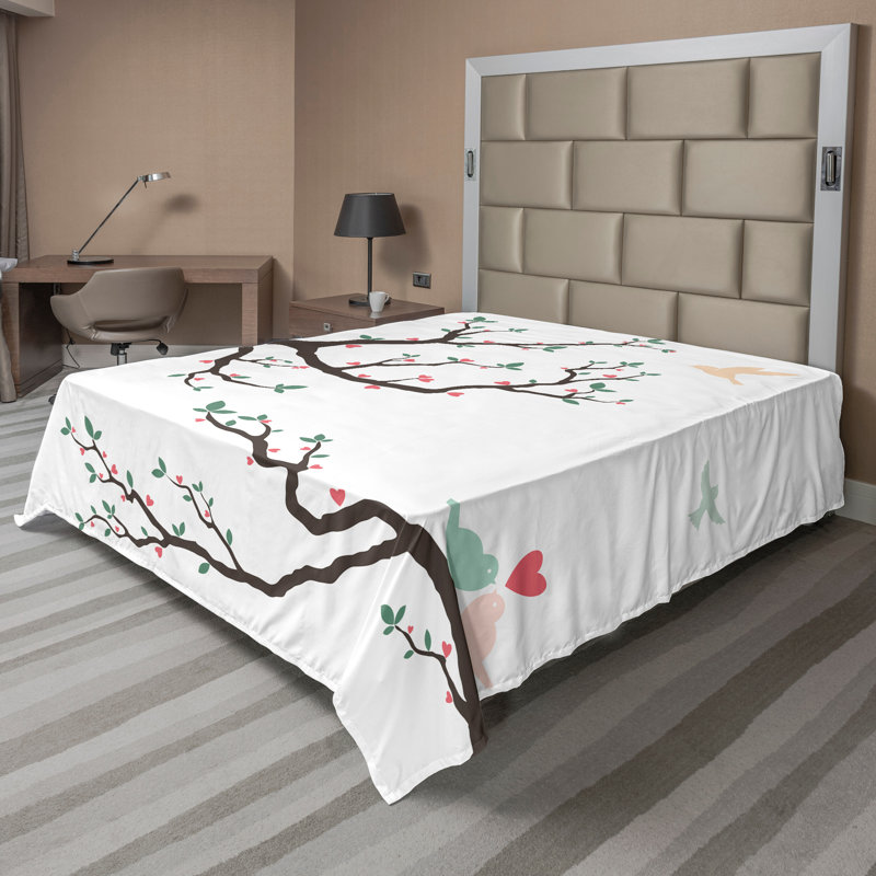 Ambesonne Love Top drap plat oiseaux rétro sur une branche d'arbre vert rose brun, Drap plat pour très grand lit californien