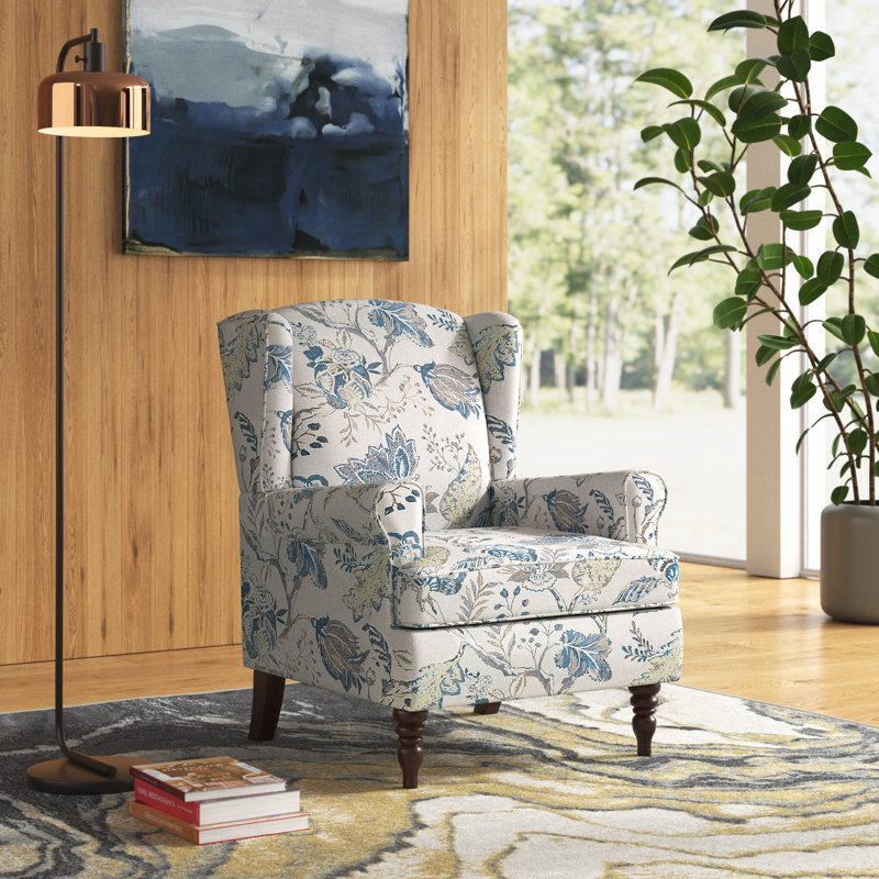 Aiddan Traditional 29'' Wide Wing Back Armchair with Solid Wood Legs, Multi Blue Floral