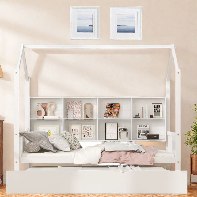 Wooden House Bed With Trundle And Shelves, Twin