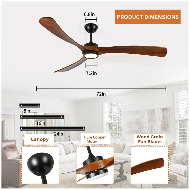 Ventilateur de plafond en bois avec lumière, ventilateur de plafond à profil bas avec télécommande, moteur CC réversible silencieux avec minuterie