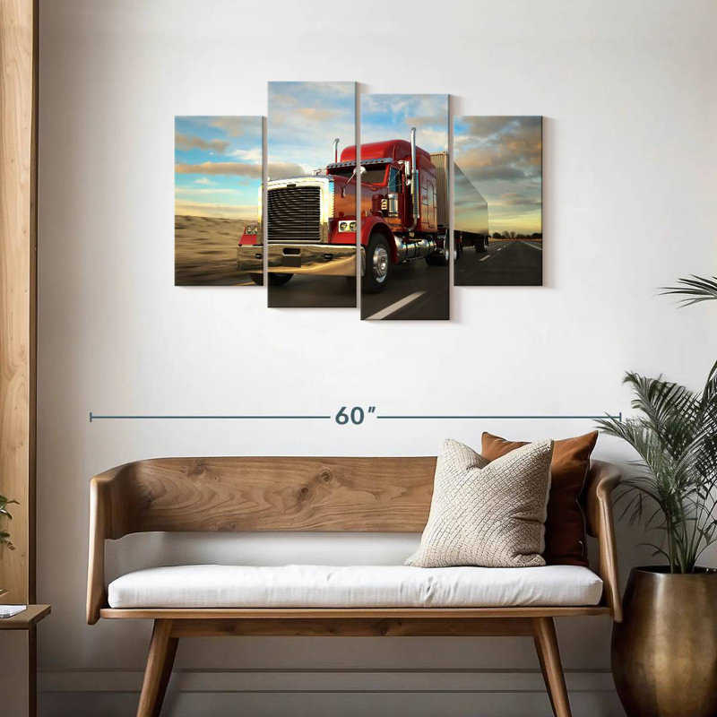 Camion de cargaison rouge Mehar au coucher du soleil, H 27 po x l 43 po