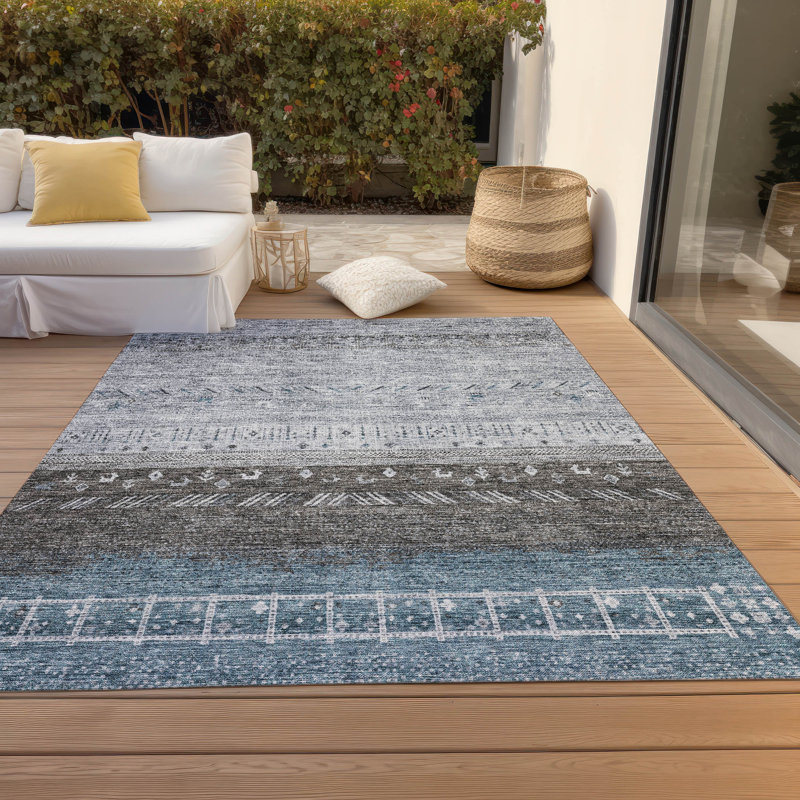 Blue and Gray Synthetic Flat Woven Washable 8' x 10' Rug
