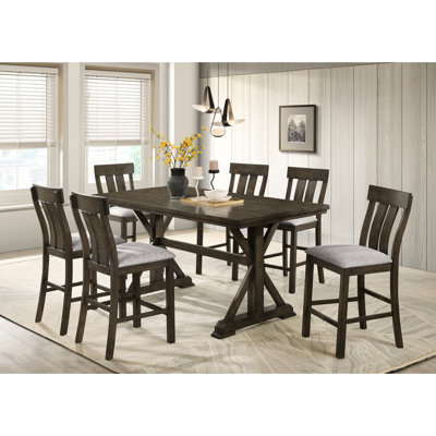 Table de salle à manger 7 pièces à hauteur de comptoir avec table rectangulaire, base en tréteaux, chaises rembourrées, dossier à lattes, finition en bois brun rustique